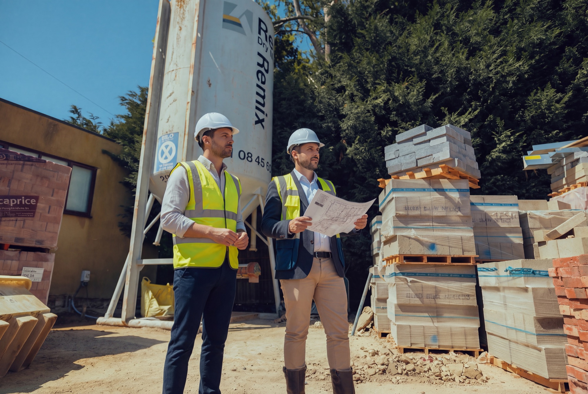 Two people in hard hats reviewing plans on the Park View construction site