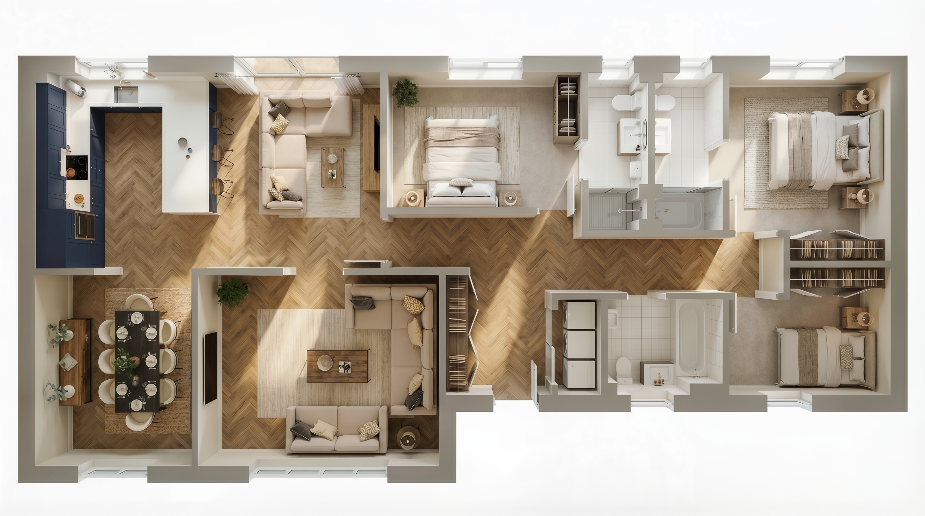 AI-staged floor plan supplied for Manor Livery Plot 2, showing furnished living spaces, bedrooms and bathrooms