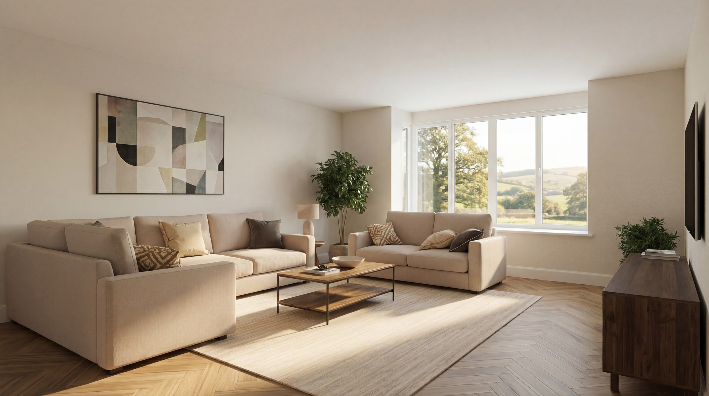 AI-rendered lounge with neutral sofas, timber flooring and countryside views