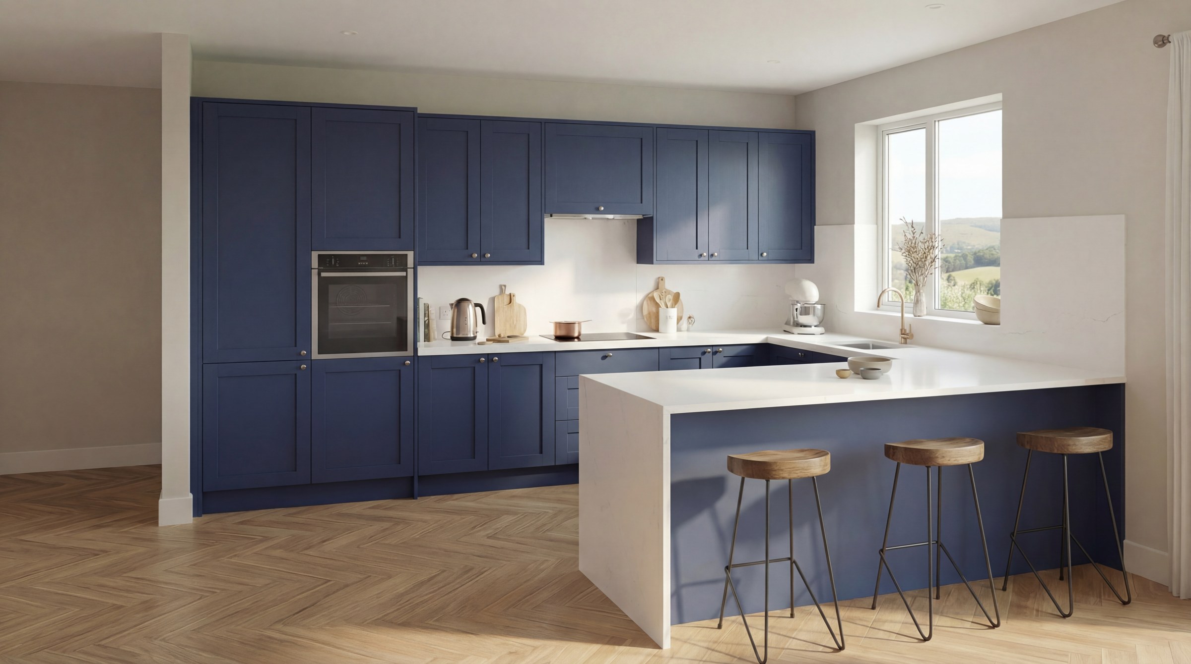 AI visualisation · The kitchen, arranged around a pale stone peninsula.