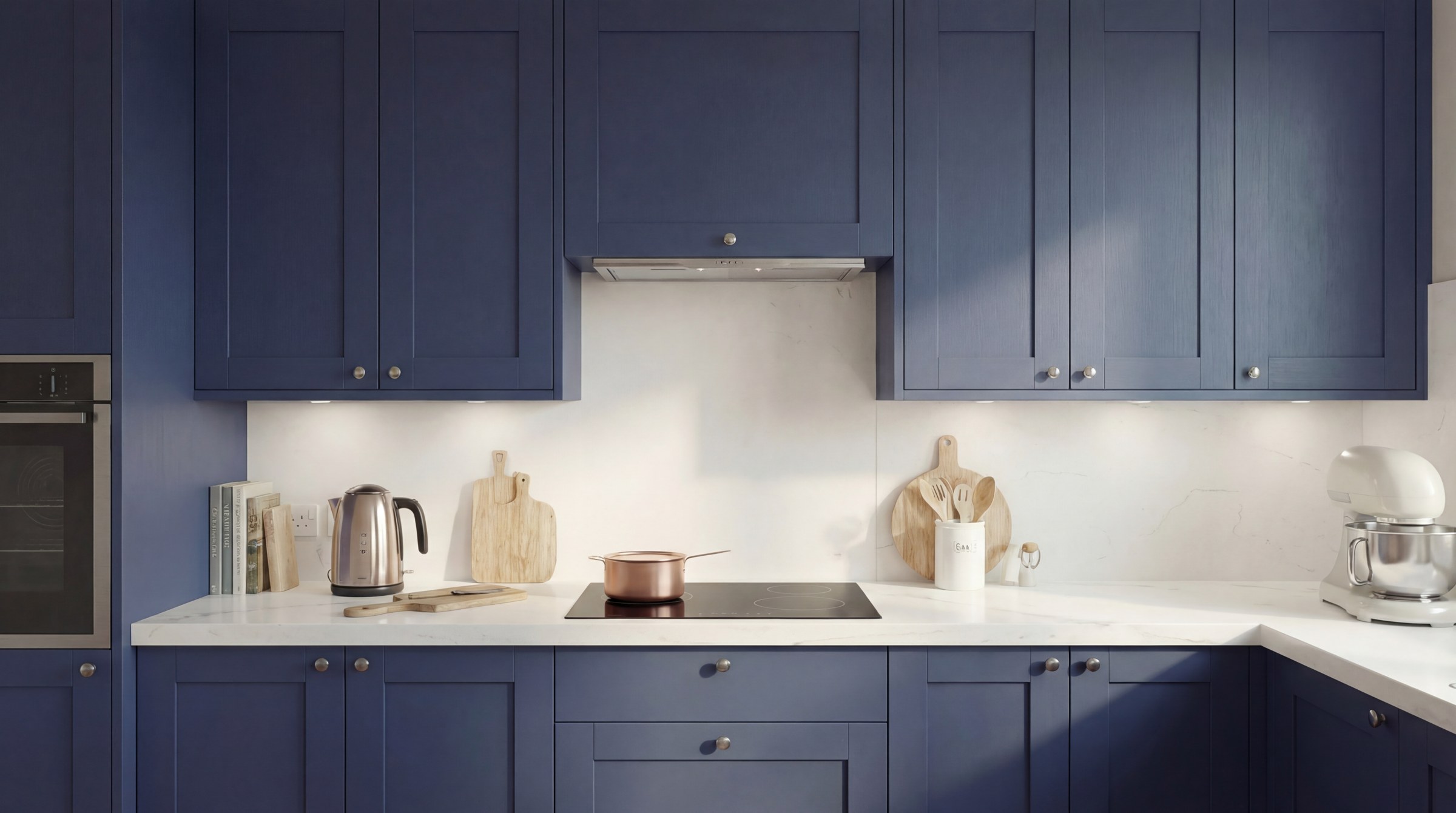 AI visualisation · Deep blue cabinetry and a closer study of materials.