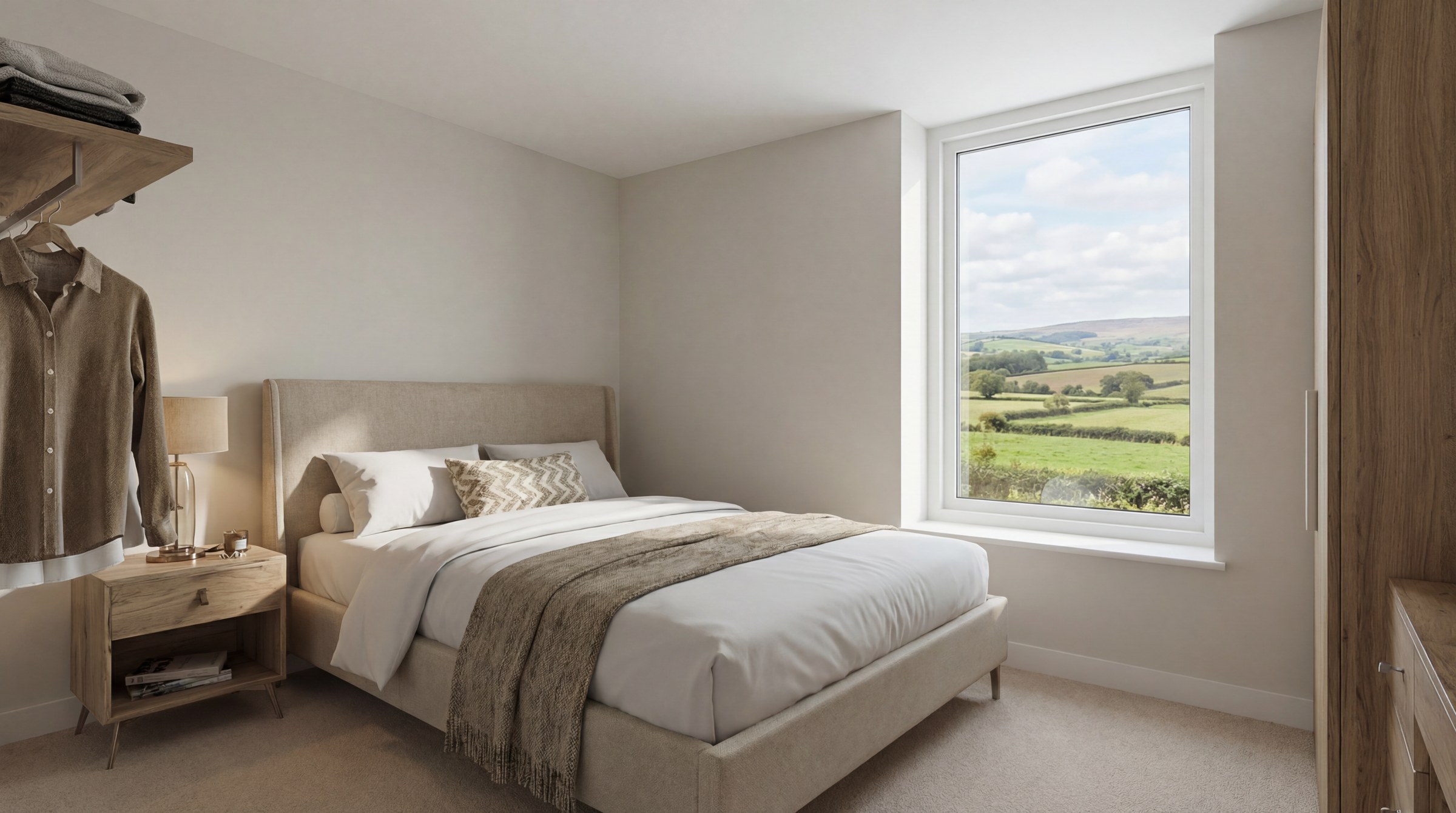 AI visualisation · A bedroom with a view towards the countryside.