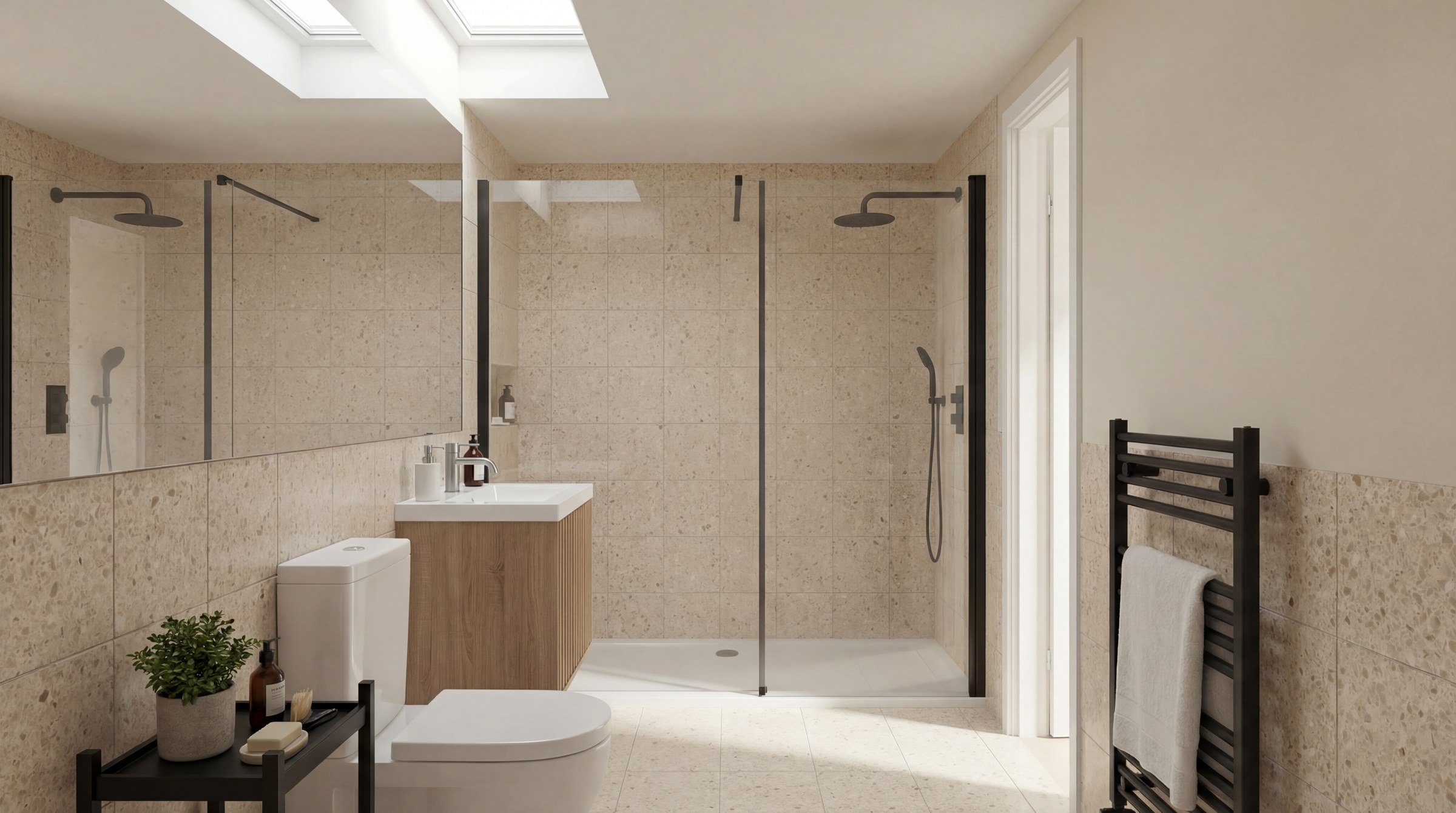 AI visualisation · Daylight and warm stone tones in the shower room.
