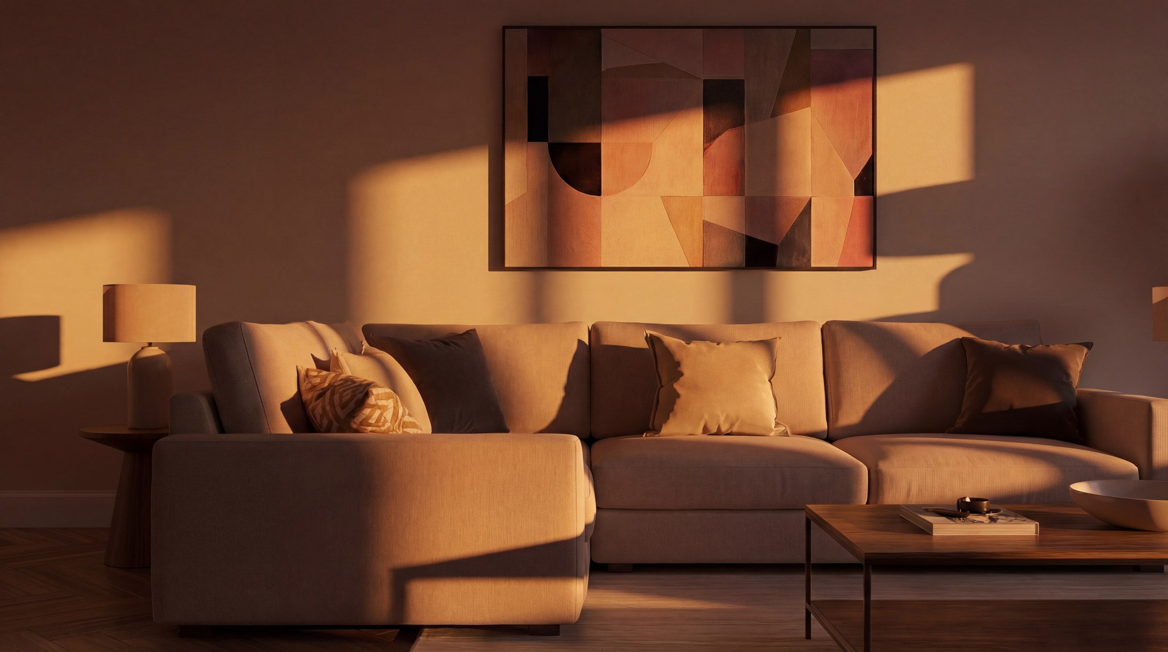 AI-rendered living room with warm evening light falling across the sofa