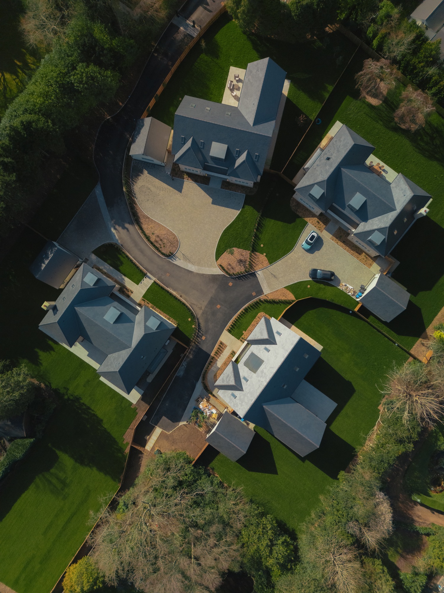 Park View from directly above, showing the completed homes, gardens and central drive