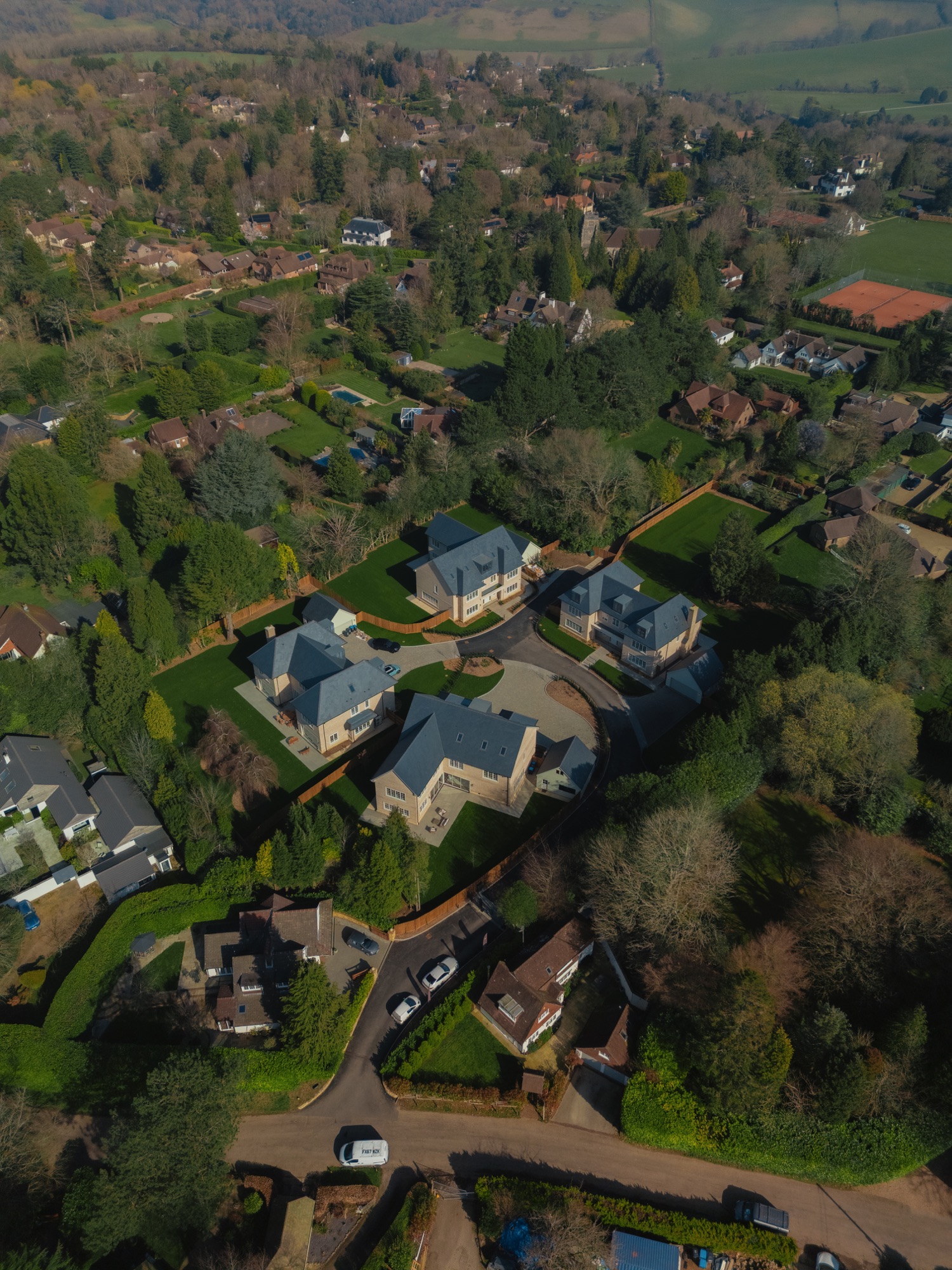 An aerial view of Park View and the surrounding gardens and neighbourhood in Warlingham